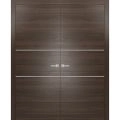 Solid French Double Doors | Planum 0110 Matte Black and Aluminum Strips | Wood Solid Panel Frame Trims | Closet Bedroom Chocolate Ash