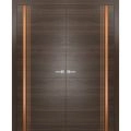 Solid French Double Doors | Planum 1010 Black Matte and Aluminum Strips | Wood Solid Panel Frame Trims | Closet Bedroom-64" x 84" (2* 32x84) Chocolate Ash