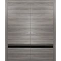 Solid French Double Doors | Planum 0012 Concrete and Aluminum Strips | Wood Solid Panel Frame Trims | Closet Bedroom Sturdy Doors -56" x 96" (2* 28x96) Ginger Ash