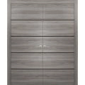 Solid French Double Doors | Planum 0015 Concrete and Aluminum Strips | Wood Solid Panel Frame Trims | Closet Bedroom Sturdy Doors -84" x 80" (2* 42x80) Ginger Ash