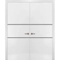Solid French Double Doors | Planum 0014 Concrete and Aluminum Strips | Wood Solid Panel Frame Trims | Closet Bedroom Sturdy Doors -84" x 80" (2* 42x80) White