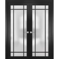 Solid French Double Doors | Planum 2112 Matte Black with Frosted Glass and Aluminum Strips | Wood Solid Panel Frame Trims | Closet Bedroom Sturdy Doors Black Matte