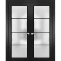 Solid French Double Doors Frosted Glass | Planum 2132 Chocolate Ash and Aluminum Strips | Wood Solid Panel Frame Trims | Closet Bedroom Sturdy Doors-56" x 80" (2* 28x80) Black Matte