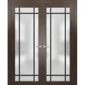 Solid French Double Doors | Planum 2112 Matte Black with Frosted Glass and Aluminum Strips | Wood Solid Panel Frame Trims | Closet Bedroom Sturdy Doors Chocolate Ash