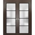 Solid French Double Doors Frosted Glass | Planum 2132 Chocolate Ash and Aluminum Strips | Wood Solid Panel Frame Trims | Closet Bedroom Sturdy Doors-56" x 80" (2* 28x80) Chocolate Ash