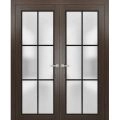 Solid French Double Doors | Planum 2122 Matte Black with Frosted Glass and Aluminum Strips | Wood Solid Panel Frame Trims | Closet Bedroom Sturdy Doors Chocolate Ash