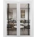 Solid French Double Doors | Lucia 2566 White Silk with Clear Glass and Aluminum Strips | Wood Solid Panel Frame Trims | Closet Bedroom Sturdy Doors White