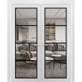 Solid French Double Doors Clear Glass | Lucia 2466 Matte Black and Aluminum Strips | Wood Solid Panel Frame Trims | Closet Bedroom Sturdy Doors-48" x 84" (2* 24x84) White