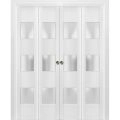 Sliding Closet Double Bi-fold Doors | Lucia 4070 White Silk with Frosted Glass | Sturdy Tracks Moldings Trims Hardware Set | Wood Solid Bedroom Wardrobe Doors  White