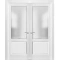 Solid Interior French Double Doors 84 x 84 inches | Lucia 22 Matte Black with Rain Glass | Wood Solid Panel Frame Trims | Closet Bedroom Sturdy Doors  White