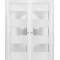 Solid French Double Doors 3 Lites | Lucia 4070 White Silk with Frosted Glass | Wood Solid Panel Frame Trims | Closet Bedroom Sturdy Doors  White