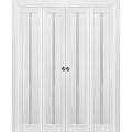 Sliding Closet Double Bi-fold Doors | Quadro 4112 White Silk with Frosted Glass | Sturdy Tracks Moldings Trims Hardware Set | Wood Solid Bedroom Wardrobe Doors  White
