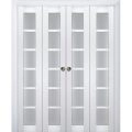 Sliding Closet Double Bi-fold Doors | Veregio 7602 Matte Grey with Frosted Glass | Sturdy Tracks Moldings Trims Hardware Set | Wood Solid Bedroom Wardrobe Doors  White