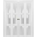 Sliding Closet Double Bi-fold Doors | Lucia 2552 Oak with Frosted Glass | Sturdy Tracks Moldings Trims Hardware Set | Wood Solid Bedroom Wardrobe Doors  White