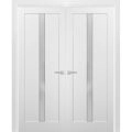 French Double Panel Lite Doors with Hardware | Quadro 4112 White Silk with Frosted Glass | Panel Frame Trims | Bathroom Bedroom Interior Sturdy Door White