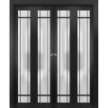 Sliding Closet Double Bi-fold Doors | Planum 2112 White Silk with Frosted Glass and Aluminum Strips | Sturdy Tracks Moldings Trims Hardware Set | Wood Solid Bedroom Wardrobe Doors Black Matte