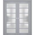 Interior Solid French Double Doors | Veregio 7602 Antracite with Frosted Glass | Wood Solid Panel Frame Trims | Closet Bedroom Sturdy Doors  Matte Grey