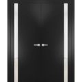 Solid French Double Doors | Planum 0040 Grey Oak with Black Glass | Wood Solid Panel Frame Trims | Closet Bedroom Sturdy Doors -56" x 84" (2* 28x84) Black Matte