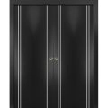 Sliding Closet Double Bi-fold Doors | Planum 0310 Ginger Ash and Aluminum Strips | Sturdy Tracks Moldings Trims Hardware Set | Wood Solid Bedroom Wardrobe Doors Black Matte