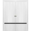 Sliding Closet Double Bi-fold Doors | Planum 0012 Walnut and Aluminum Strips | Sturdy Tracks Moldings Trims Hardware Set | Wood Solid Bedroom Wardrobe Doors White