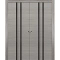Sliding Closet Double Bi-fold Doors | Planum 0040 Ginger Ash with Black Glass | Sturdy Tracks Moldings Trims Hardware Set | Wood Solid Bedroom Wardrobe Doors  Ginger Ash