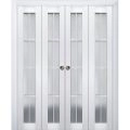 Sliding Closet Double Bi-fold Doors | Veregio 7412 Matte Grey with Frosted Glass | Sturdy Tracks Moldings Trims Hardware Set | Wood Solid Bedroom Wardrobe Doors  White