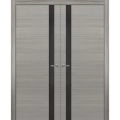 Solid French Double Doors | Planum 0040 Grey Oak with Black Glass | Wood Solid Panel Frame Trims | Closet Bedroom Sturdy Doors -56" x 84" (2* 28x84) Grey Oak