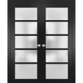 Solid French Double Doors Frosted Glass | Quadro 4002 Ginger Ash | Wood Solid Panel Frame Trims | Closet Bedroom Sturdy Doors -72" x 80" (2* 36x80) Black Matte