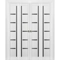 Sliding Closet Double Bi-fold Doors | Quadro 4588 White Silk with Black Glass | Sturdy Tracks Moldings Trims Hardware Set | Wood Solid Bedroom Wardrobe Doors  White