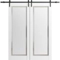 Sliding Double Barn Doors with Hardware | Planum 0888 Painted White with Frosted Glass | 13FT Rail Hangers Sturdy Set | Modern Solid Panel Interior Hall Bedroom Bathroom Door-36" x 80" (2* 18x80) Painted White