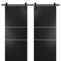Sturdy Double Barn Door with Hardware | Planum 0110 Matte Black and Aluminum Strips | 13FT Rail Hangers Heavy Set | Modern Solid Panel Interior Doors Black Matte