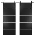 Sturdy Double Barn Door with Hardware | Planum 0210 Black Matte and Aluminum Strips | 13FT Rail Hangers Heavy Set | Modern Solid Panel Interior Doors -72" x 84" (2* 36x84) Black Matte