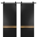Sturdy Double Barn Door with Hardware | Planum 2010 Chocolate Ash and Aluminum Strips | 13FT Rail Hangers Heavy Set | Modern Solid Panel Interior Doors Black Matte