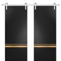 Sturdy Double Barn Door with Hardware | Planum 2010 Matte Black and Aluminum Strips | Silver 13FT Rail Hangers Heavy Set | Modern Solid Panel Interior Doors Black Matte
