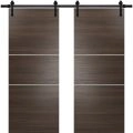 Sturdy Double Barn Door with Hardware | Planum 0110 Matte Black and Aluminum Strips | 13FT Rail Hangers Heavy Set | Modern Solid Panel Interior Doors Chocolate Ash