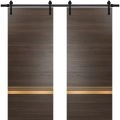 Sturdy Double Barn Door with Hardware | Planum 2010 Chocolate Ash and Aluminum Strips | 13FT Rail Hangers Heavy Set | Modern Solid Panel Interior Doors Chocolate Ash