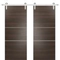Sturdy Double Barn Door with Hardware | Planum 0110 Matte Black and Aluminum Strips | Silver 13FT Rail Hangers Heavy Set | Modern Solid Panel Interior Doors Chocolate Ash