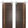 Sturdy Double Barn Door with Hardware | Planum 1010 Chocolate Ash and Aluminum Strips | Silver 13FT Rail Hangers Heavy Set | Modern Solid Panel Interior Doors Chocolate Ash