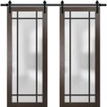 Sturdy Double Barn Door with Frosted Glass | Planum 2112 Matte Black and Aluminum Strips | 13FT Rail Hangers Heavy Set | Modern Solid Panel Interior Doors -64" x 96" (2* 32x96) Chocolate Ash
