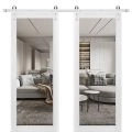 Sturdy Double Barn Door | Lucia 2166 White Silk with Clear Glass | 13FT Rail Hangers Heavy Set | Solid Panel Interior Doors White