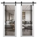 Sturdy Double Barn Door | Lucia 2566 White Silk with Clear Glass and Aluminum Strips | 13FT Rail Hangers Heavy Set | Solid Panel Interior Doors White