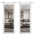 Sturdy Double Barn Door | Lucia 2666 White Silk with Clear Glass and Aluminum Strips | 13FT Rail Hangers Heavy Set | Solid Panel Interior Doors White
