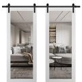 Sturdy Double Barn Door | Lucia 2666 White Silk with Clear Glass and Aluminum Strips | 13FT Rail Hangers Heavy Set | Solid Panel Interior Doors White