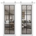 Sturdy Double Barn Door | Lucia 2366 White Silk with Clear Glass and Aluminum Strips | 13FT Rail Hangers Heavy Set | Solid Panel Interior Doors White