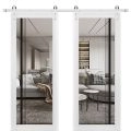 Sturdy Double Barn Door | Lucia 2566 White Silk with Clear Glass and Aluminum Strips | 13FT Rail Hangers Heavy Set | Solid Panel Interior Doors White