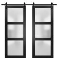 Sliding Double Barn Doors with Hardware | Lucia 2552 White SIlk with Frosted Glass | 13FT Rail Sturdy Set | Kitchen Lite Wooden Solid Panel Interior Bedroom Bathroom Door Black Matte