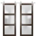 Sturdy Double Barn Door | Lucia 2552 Chocolate Ash with Frosted Glass | Silver 13FT Rail Hangers Heavy Set | Solid Panel Interior Doors Chocolate Ash