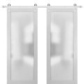 Sturdy Double Barn Door | Planum 2102 Matte Black with Frosted Glass | 13FT Silver Rail Hangers Heavy Set | Modern Solid Panel Interior Doors White