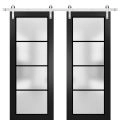 Sturdy Double Barn Door with Frosted Glass | Planum 2132 Chocolate Ash and Aluminum Strips | 13FT Silver Rail Hangers Heavy Set | Modern Solid Panel Interior Doors-48" x 80" (2* 24x80) Black Matte
