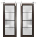 Sturdy Double Barn Door with Frosted Glass | Planum 2132 Chocolate Ash and Aluminum Strips | 13FT Silver Rail Hangers Heavy Set | Modern Solid Panel Interior Doors-48" x 80" (2* 24x80) Chocolate Ash
